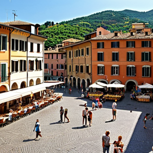 Home 13 **A vibrant, pedestrianized piazza in a historic Italian town.** The square is bustling with activity: families with children are enjoying a newly installed playground, locals are browsing a lively fresh produce market, and people are relaxing at outdoor cafes. The architecture is charmingly Italian, with cobblestone streets and traditional buildings, evoking a strong sense of community, safety, and belonging. The overall mood is joyful and picturesque, showcasing the positive impact of urban regeneration policies.