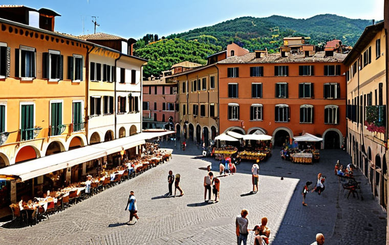 **A vibrant, pedestrianized piazza in a historic Italian town.** The square is bustling with activity: families with children are enjoying a newly installed playground, locals are browsing a lively fresh produce market, and people are relaxing at outdoor cafes. The architecture is charmingly Italian, with cobblestone streets and traditional buildings, evoking a strong sense of community, safety, and belonging. The overall mood is joyful and picturesque, showcasing the positive impact of urban regeneration policies.