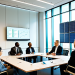 A diverse group of professional policymakers, including men and women of various ethnicities, are gathered in a modern, sunlit conference room. They are fully clothed in modest business suits and professional dress, actively engaged in a discussion about strategies for climate change adaptation and green energy transition. Large holographic displays in the background show data visualizations of renewable energy grids and resilient urban planning initiatives, with subtle cues of European architectural styles. The atmosphere is collaborative and forward-thinking. Perfect anatomy, correct proportions, natural poses, well-formed hands, proper finger count, natural body proportions, safe for work, appropriate content, family-friendly, professional photography, high quality.