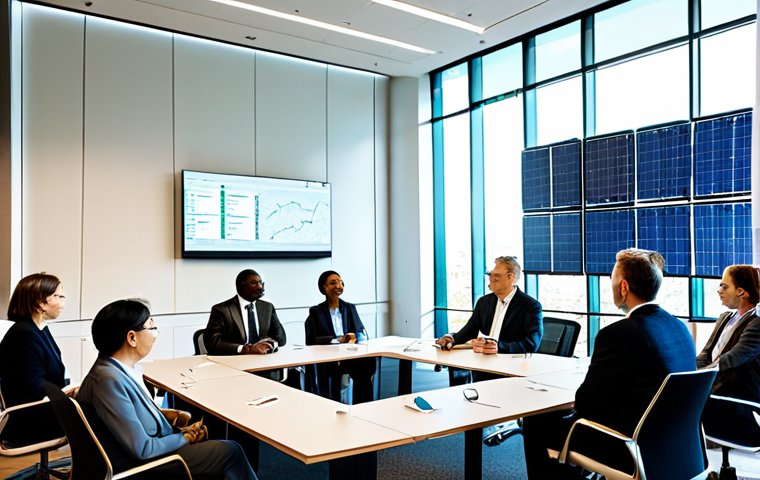 A diverse group of professional policymakers, including men and women of various ethnicities, are gathered in a modern, sunlit conference room. They are fully clothed in modest business suits and professional dress, actively engaged in a discussion about strategies for climate change adaptation and green energy transition. Large holographic displays in the background show data visualizations of renewable energy grids and resilient urban planning initiatives, with subtle cues of European architectural styles. The atmosphere is collaborative and forward-thinking. Perfect anatomy, correct proportions, natural poses, well-formed hands, proper finger count, natural body proportions, safe for work, appropriate content, family-friendly, professional photography, high quality.