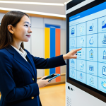 A professional female government official in a modest business suit, standing confidently in a brightly lit, modern public service center. She is interacting with a large, seamless digital display showcasing a user-friendly interface for citizen services, with abstract graphics representing integrated data flows and smart city initiatives. In the background, diverse, fully clothed citizens are calmly utilizing self-service kiosks and digital portals, illustrating seamless digital interaction. The scene emphasizes modern governance and technological integration. safe for work, appropriate content, fully clothed, professional dress, perfect anatomy, correct proportions, natural pose, well-formed hands, proper finger count, natural body proportions, high quality professional photography.