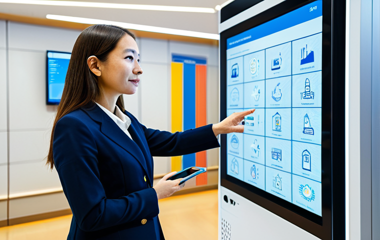 A professional female government official in a modest business suit, standing confidently in a brightly lit, modern public service center. She is interacting with a large, seamless digital display showcasing a user-friendly interface for citizen services, with abstract graphics representing integrated data flows and smart city initiatives. In the background, diverse, fully clothed citizens are calmly utilizing self-service kiosks and digital portals, illustrating seamless digital interaction. The scene emphasizes modern governance and technological integration. safe for work, appropriate content, fully clothed, professional dress, perfect anatomy, correct proportions, natural pose, well-formed hands, proper finger count, natural body proportions, high quality professional photography.