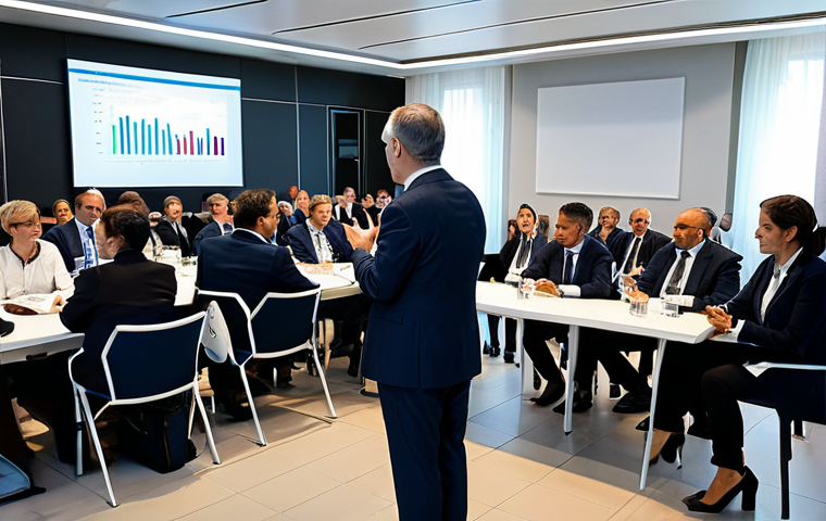 Professional Networking Event**

A brightly lit conference room during a public policy event in Rome. Fully clothed professionals in business attire are engaged in conversations, exchanging business cards. The scene is bustling with activity and positive energy. Background shows presentation screens with graphs and data. Safe for work, appropriate content, professional, family-friendly, perfect anatomy, correct proportions, natural pose, well-formed hands, proper finger count, natural body proportions.

**