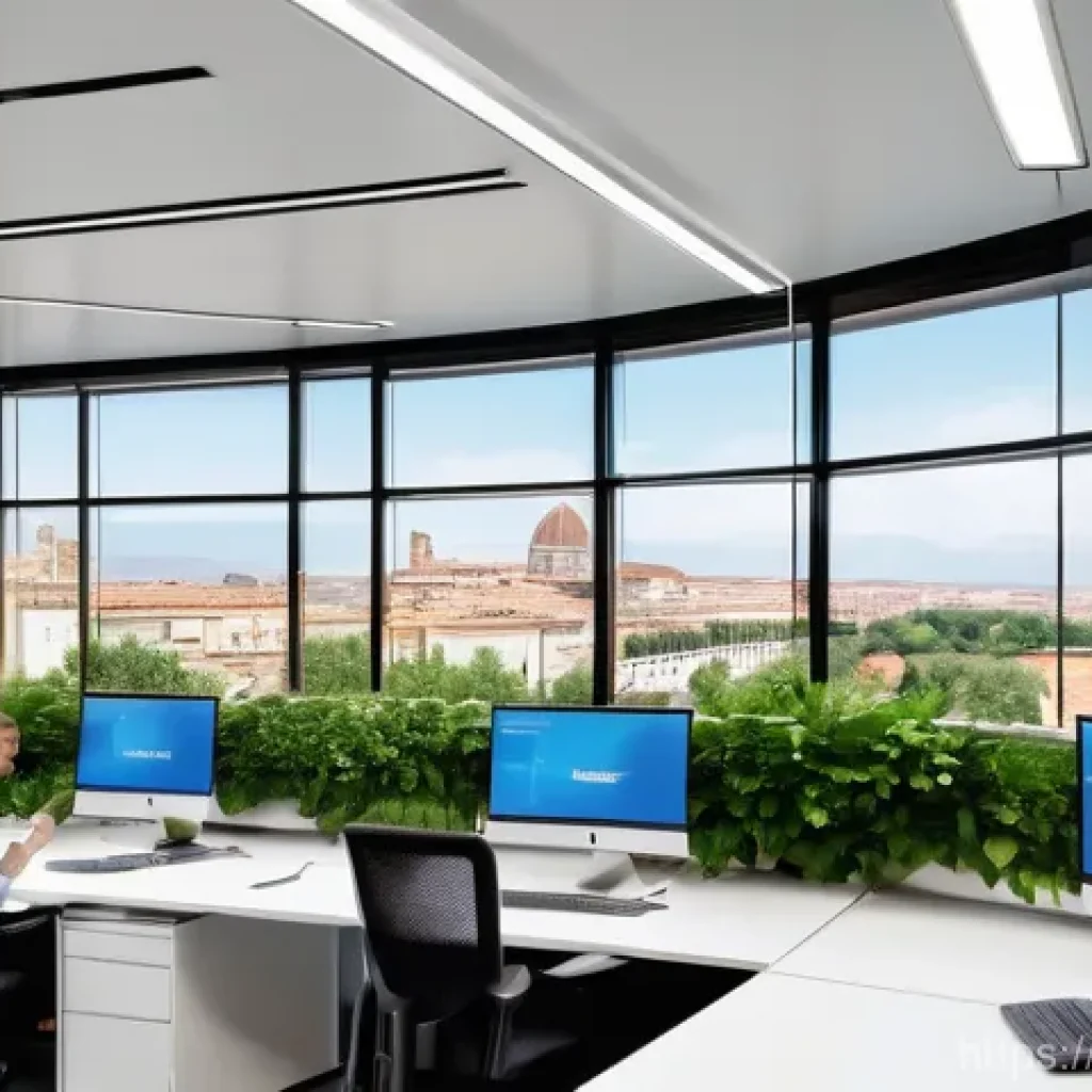 공공정책 전문가의 자기 계발 루틴 - **Prompt: "A vibrant, modern open-plan office in an Italian public administration building. Diverse ...