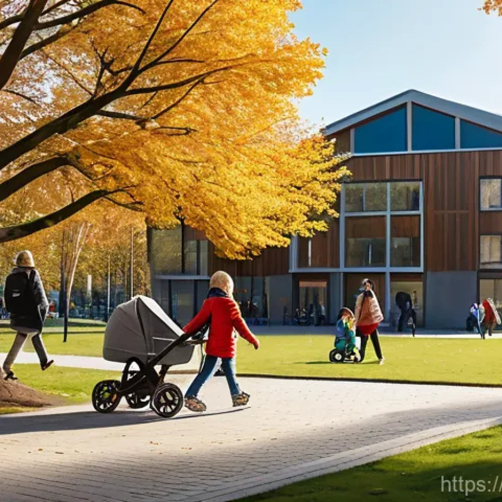 공공정책 국제 사례 비교 - A serene and inclusive Nordic city park scene on a bright, slightly cool autumn day. Diverse familie...
