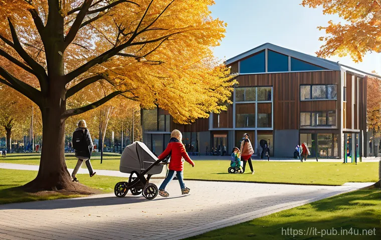 공공정책 국제 사례 비교 - A serene and inclusive Nordic city park scene on a bright, slightly cool autumn day. Diverse familie...