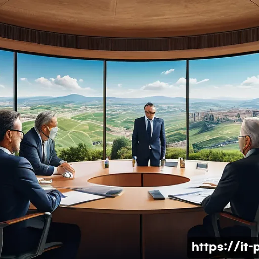 공공정책 이론 정리 - A detailed illustration of a modern Italian government meeting room, showcasing a diverse group of p...