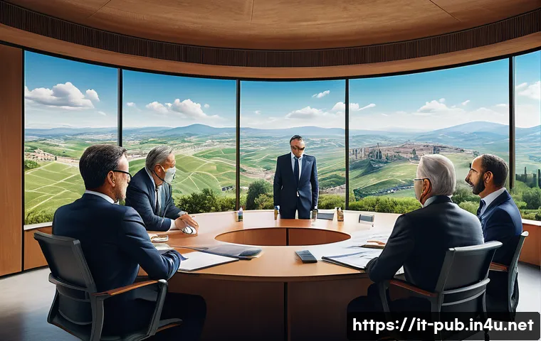 공공정책 이론 정리 - A detailed illustration of a modern Italian government meeting room, showcasing a diverse group of p...