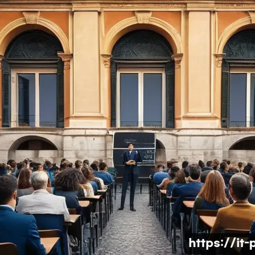 공공정책 대학원 추천 - A modern university lecture hall in Italy filled with diverse students attentively listening to a di...