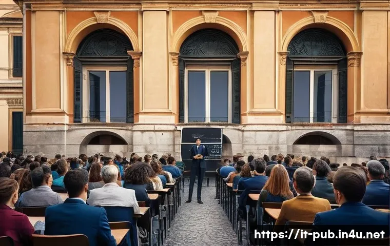 공공정책 대학원 추천 - A modern university lecture hall in Italy filled with diverse students attentively listening to a di...