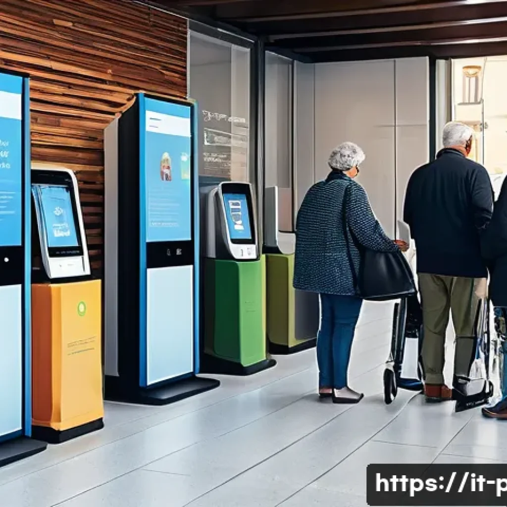 공공정책 실무 사례 - A modern Italian municipal digital services center showing diverse citizens, including elderly peopl...