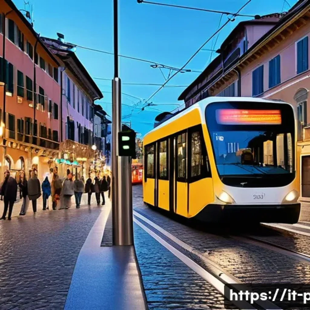 공공정책과 빅데이터 활용 - A vibrant Italian cityscape at dusk featuring smart urban infrastructure: modern public transportati...