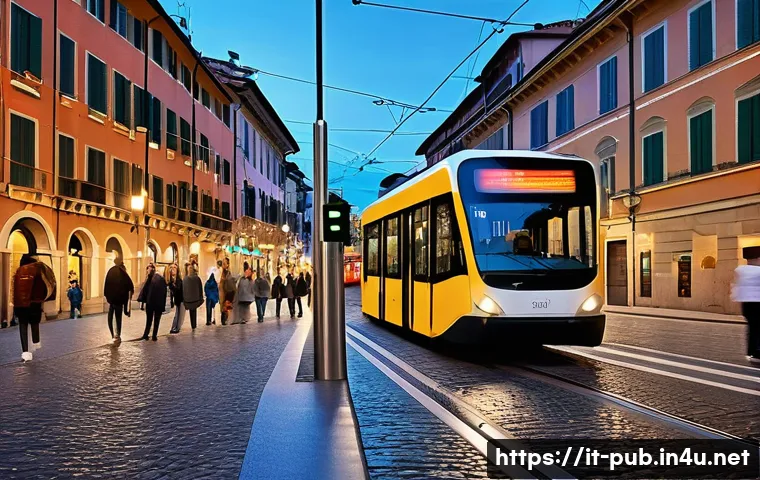 공공정책과 빅데이터 활용 - A vibrant Italian cityscape at dusk featuring smart urban infrastructure: modern public transportati...