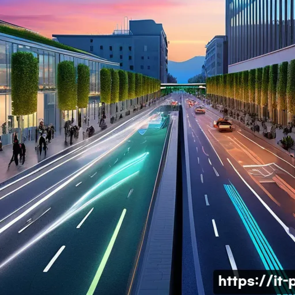 공공정책에서의 AI 활용 - A futuristic Italian smart city street scene at dusk, showcasing AI-driven real-time traffic managem...
