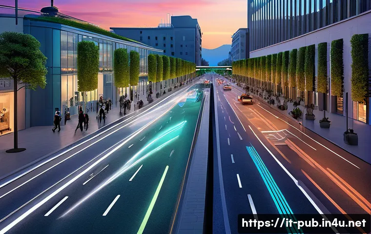 공공정책에서의 AI 활용 - A futuristic Italian smart city street scene at dusk, showcasing AI-driven real-time traffic managem...