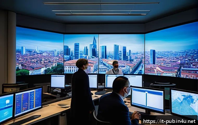 공공정책 전문가로서의 사회적 역할 - A modern Italian public health control room featuring diverse experts analyzing predictive data on l...